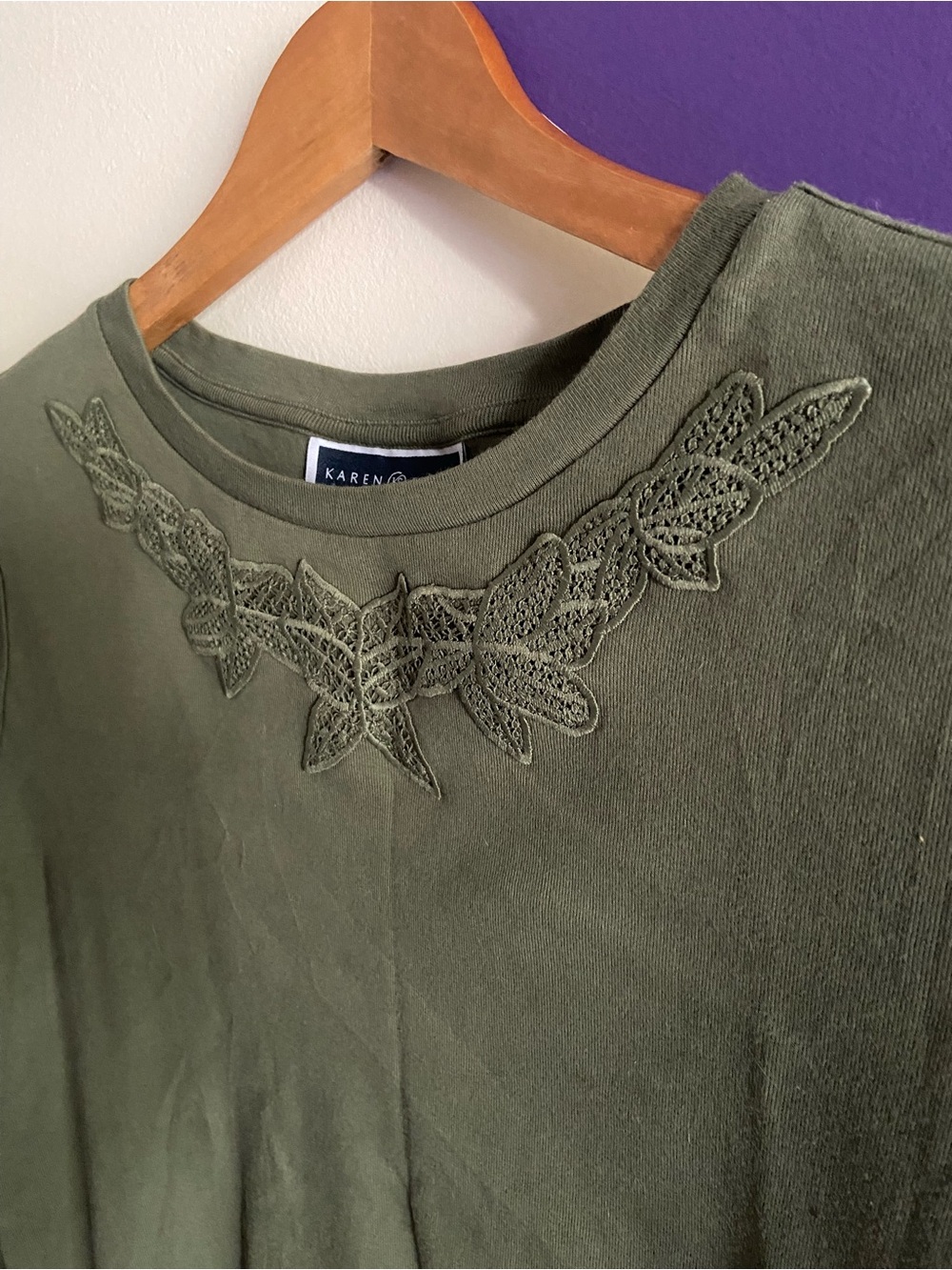 Karen Scott Olive Green Long-Sleeve Women's Top with Embroidered Ivy Neckline